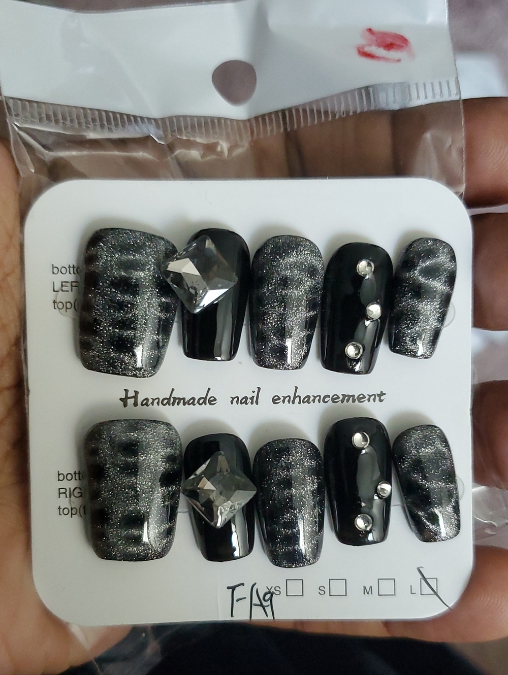 Handmade Black & Silver Rhinestone False Nail Set